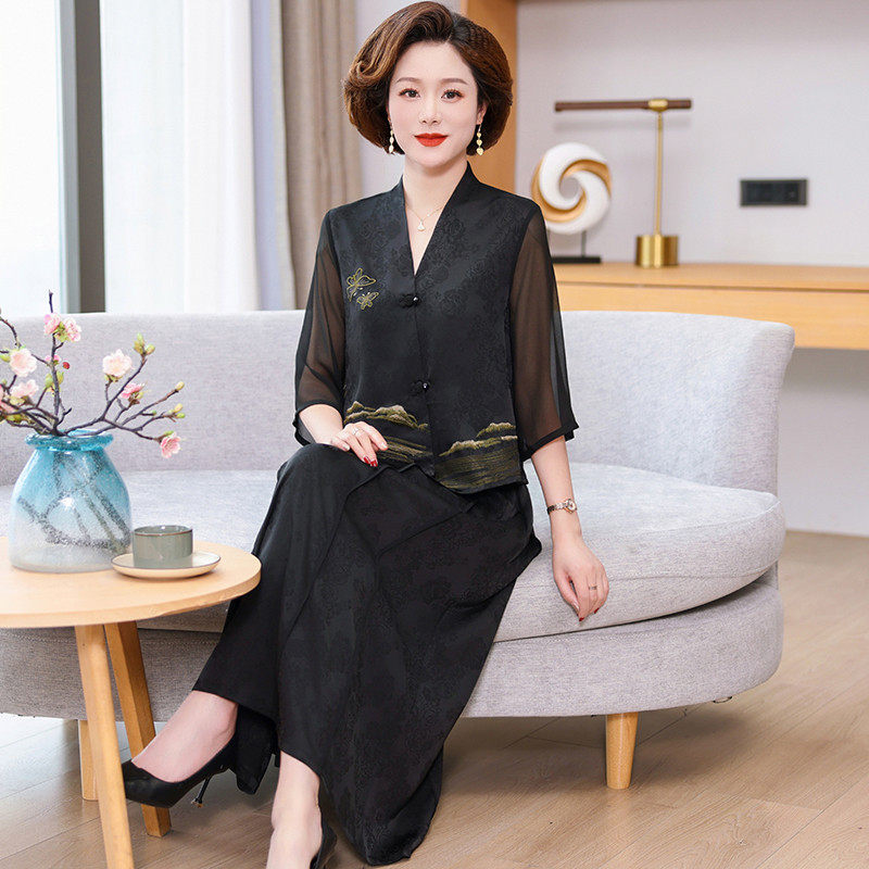 直销妈妈夏装气质连衣裙套装中年女新中式桑蚕丝上衣中老年国风两