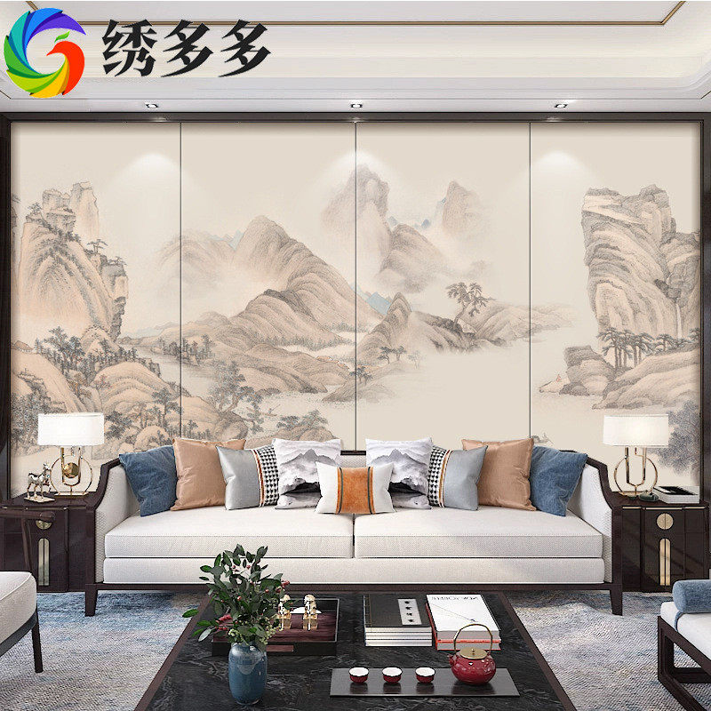 新中式山水客厅刺绣硬包背景墙定制水墨卧室沙发酒店喷绘墙布壁画