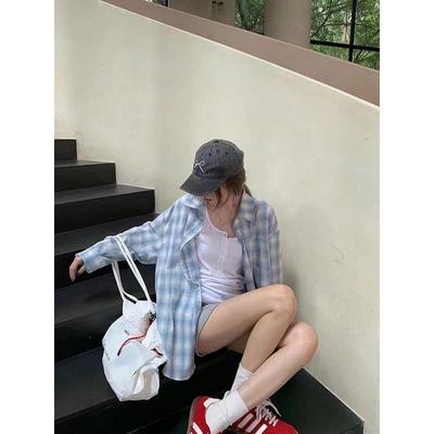 慵懒风Polo领格子长袖衬衫女款夏季薄款休闲宽松防晒衬衣外搭上衣