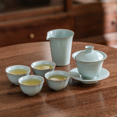 天青汝窑盖碗功夫茶具三才盖碗小套组一碗四杯云隐造物汝窑茶器