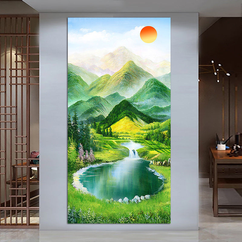 聚宝盆山水风景画喷绘海报贴画靠山图新中式客厅玄关装饰挂画招财