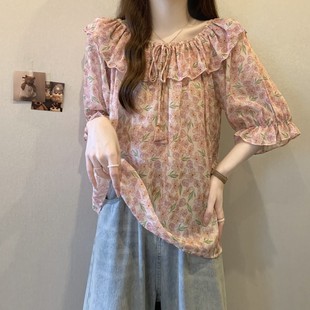 微胖mm甜美减龄小 速发高品质一字领荷叶边系带短袖 衬衫 女夏季 大码