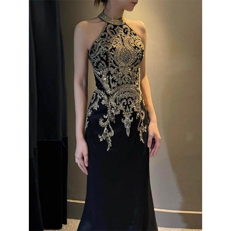 好货宴会主持人晚礼服女高级感美声独唱演出服黑色挂脖鱼尾裙声乐