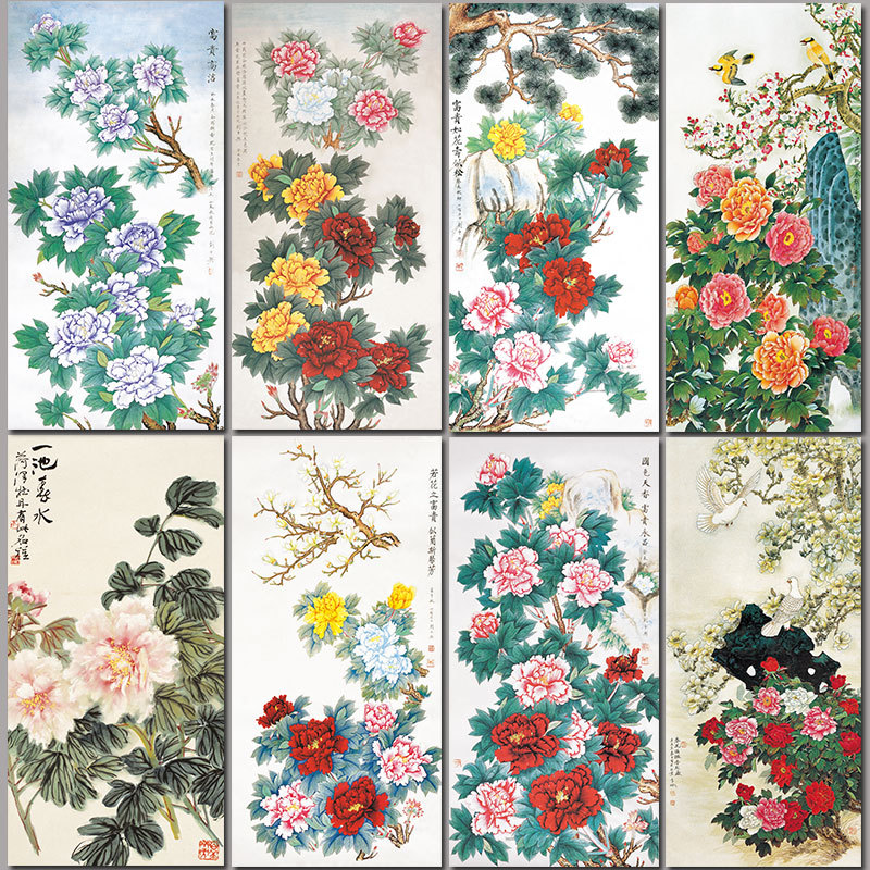 自粘招财牡丹花装饰画花开富贵玄关挂画客厅入户迎门墙布画壁画芯图片