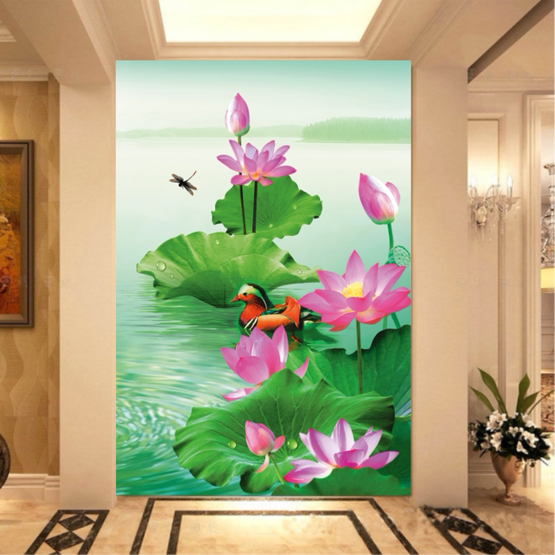 荷花图入户玄关装饰画走廊过道招财吉祥画荷花荷叶新中式墙贴画图片