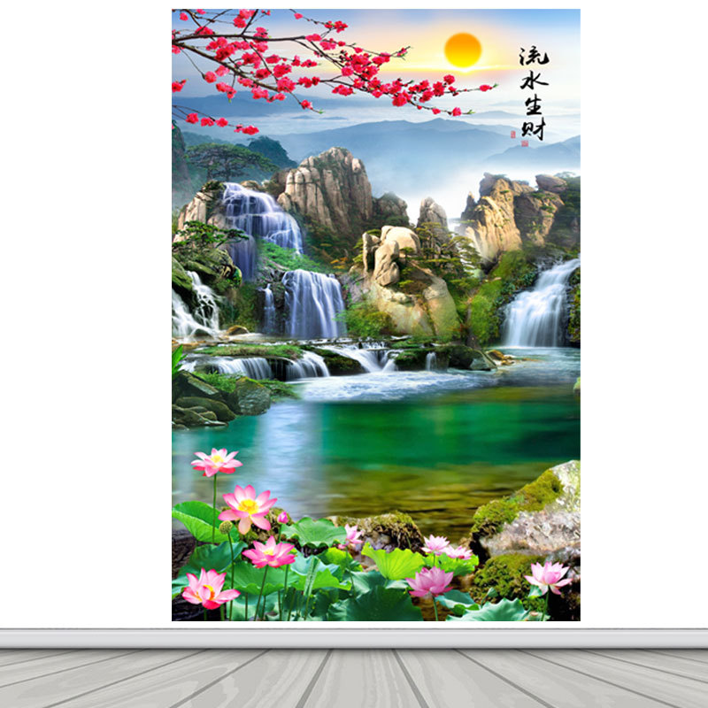 可定制竖版流水生财荷花山水画家用客厅背景墙装饰画靠山招财自粘图片