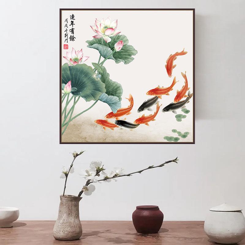荷花九鱼图客厅方形入户玄关装饰画风水招财年年有余餐厅壁画自粘图片