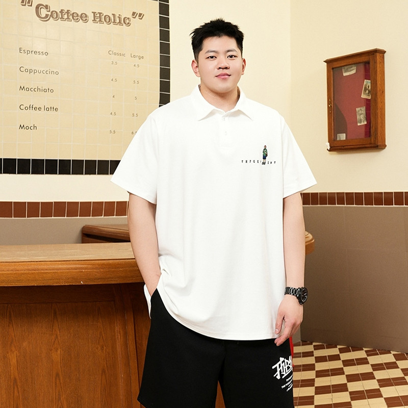 好货夏季刺绣绣花polo衫胖子宽松休闲加肥加男士大码翻领短袖体恤