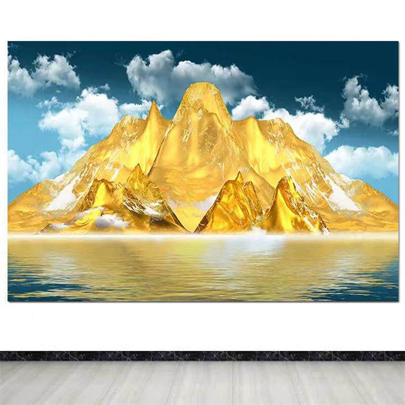 背靠金山客厅山水装饰办公室招财风水聚财墙贴靠山图自粘壁画定制