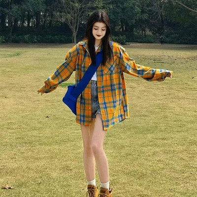 法式黄色格子衬衫女款夏季开衫外搭宽松长袖薄款防晒衬衣外套上衣