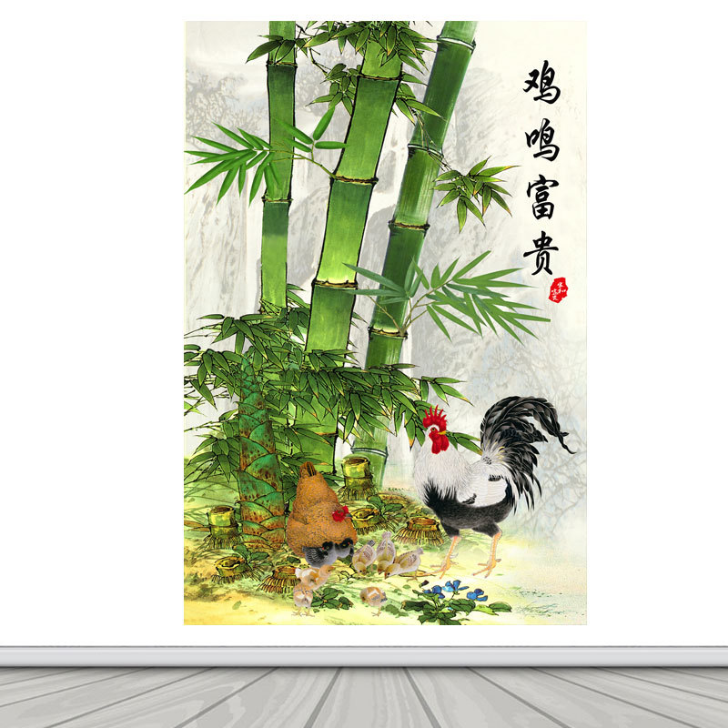 竹报平安竖版鸡鸣富贵国画公鸡海报自粘贴纸画金鸡报喜玄关装饰画图片