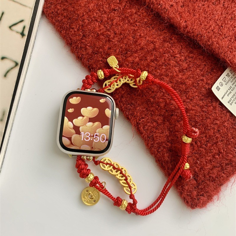 适用苹果手表iwatch9表带新年红本命年编织绳applewatch8伸缩链女