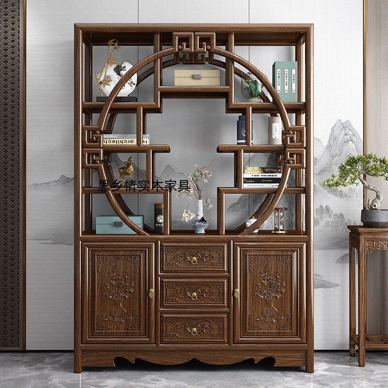 新中式1.5米实木茶室简约置物架古典雕花书架隔断博古架多宝阁