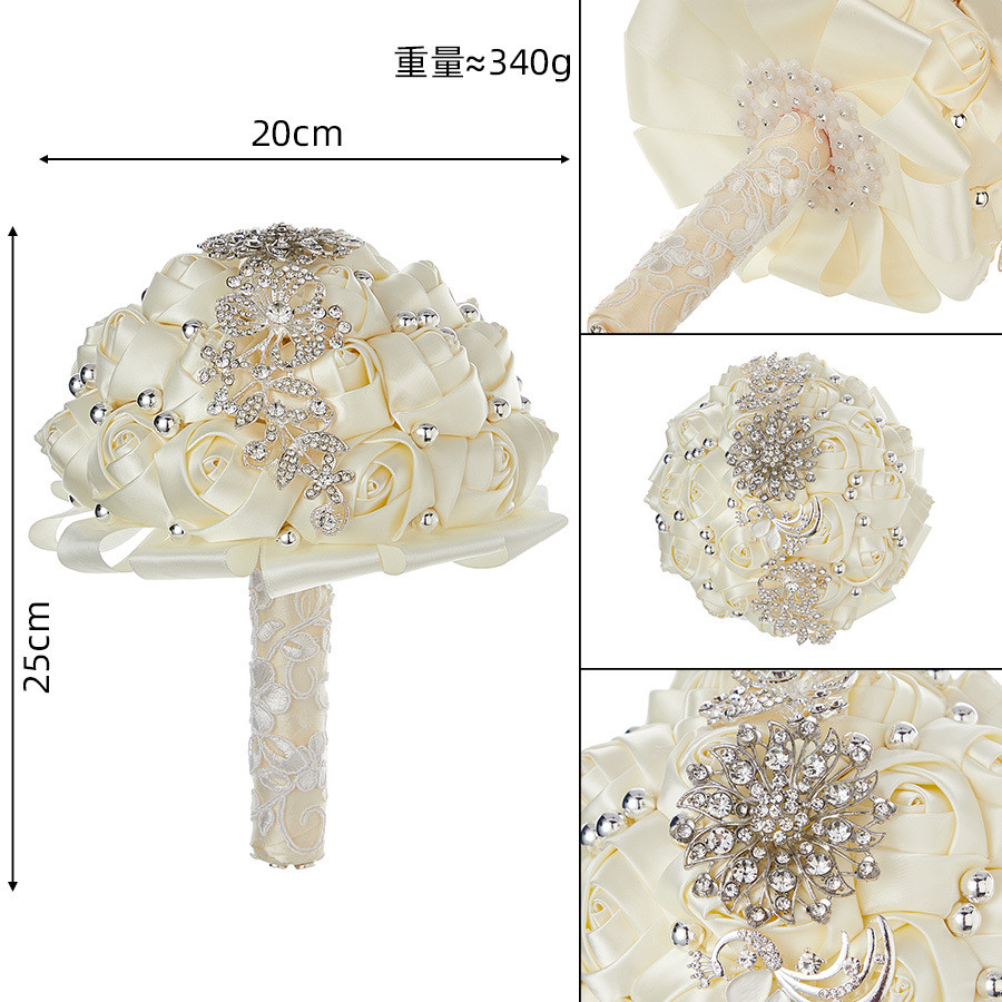 西式婚礼新娘手捧花缎带欧美玫瑰热销高级奢华银色水钻花束