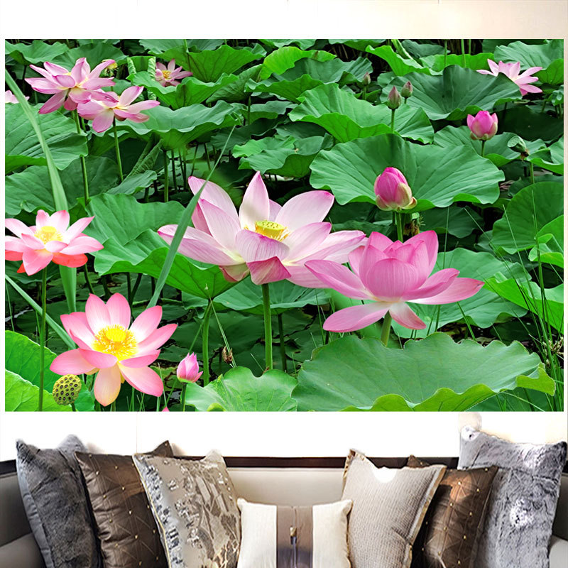 荷花客服荷塘水草自然风景海报自粘画客厅办公室背景墙家用装饰画图片
