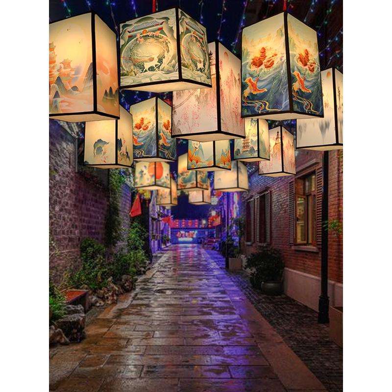 ?中式国潮风灯笼古风花灯创意方形宫灯仿羊皮火锅餐饮过道防水批