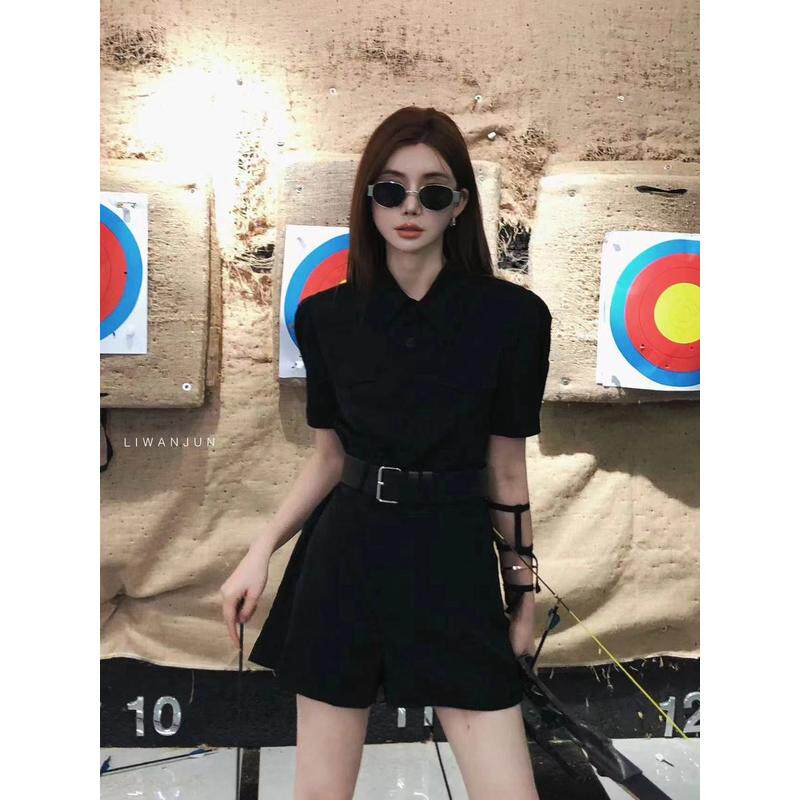 黑色机车辣妹连体女2024夏季新款高级感显瘦连衣