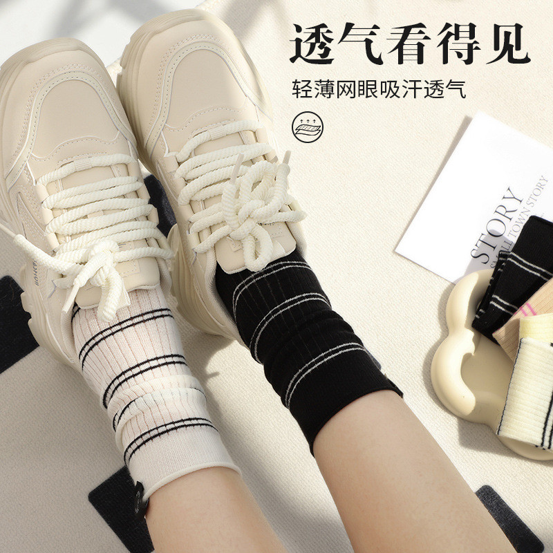 春夏季薄款堆堆中筒袜纯棉无骨布标女士潮运动防臭长袜条纹袜子女