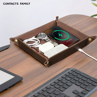复古疯马皮托盘手工制作正方形办公用品桌面杂物15w无线充收纳盒