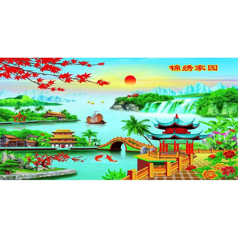 包邮现代特长加厚印刷山水年画客厅装饰壁画瀑布喜庆年画