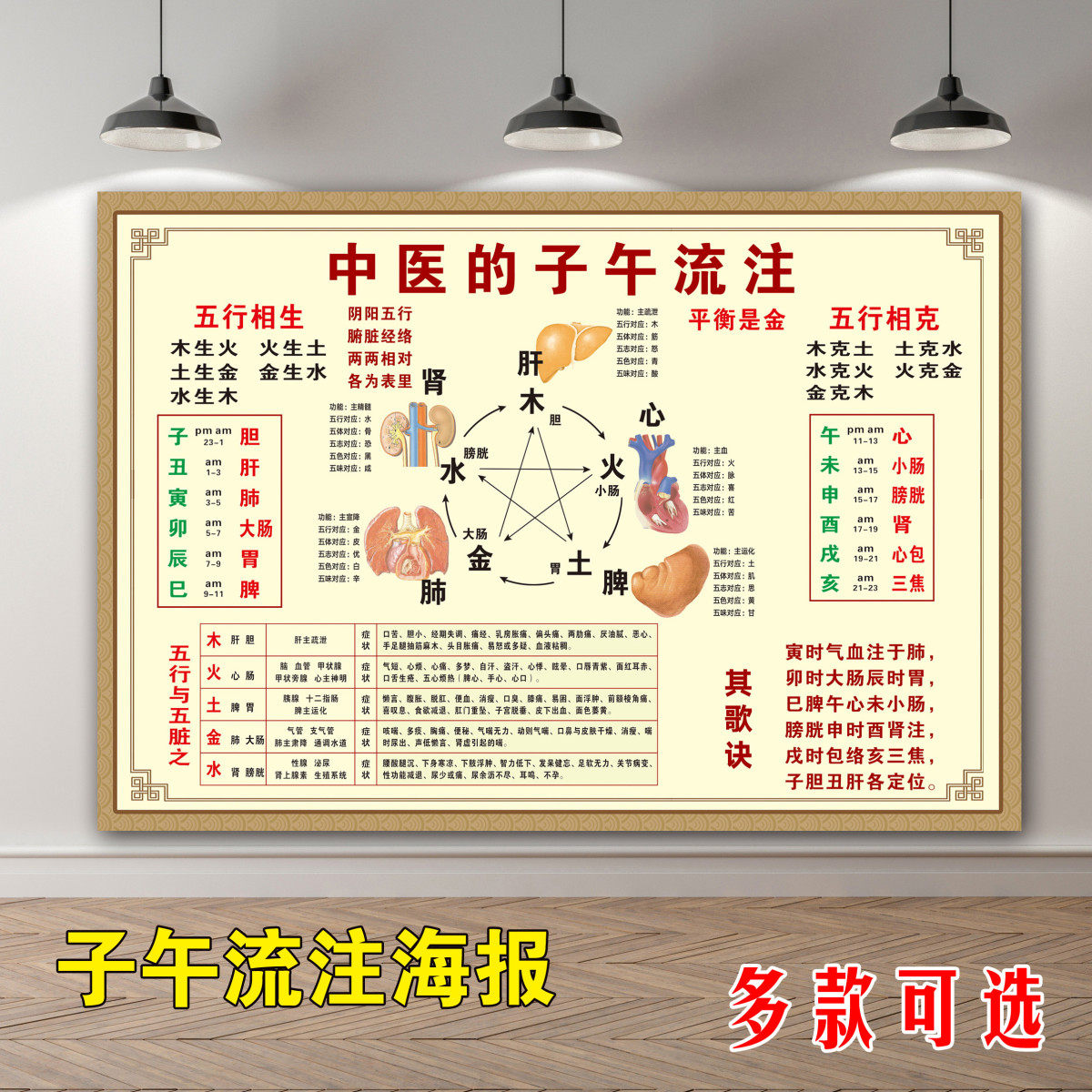 中医子午流注贴画贴纸金木水火土阴阳五行图解美容养生院海报挂图