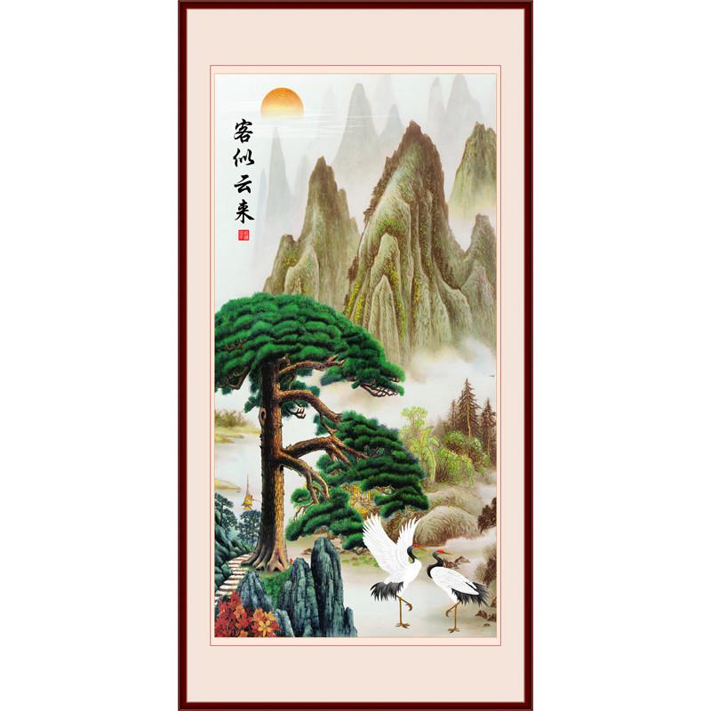 墙画山水风景客厅家居装饰画墙简约装饰画芯竖幅迎客松客似云来