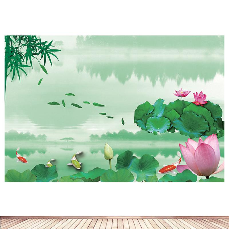 荷花池山水画招财锦鲤客厅卧室墙贴装饰画竹子风水画自粘壁画定制图片