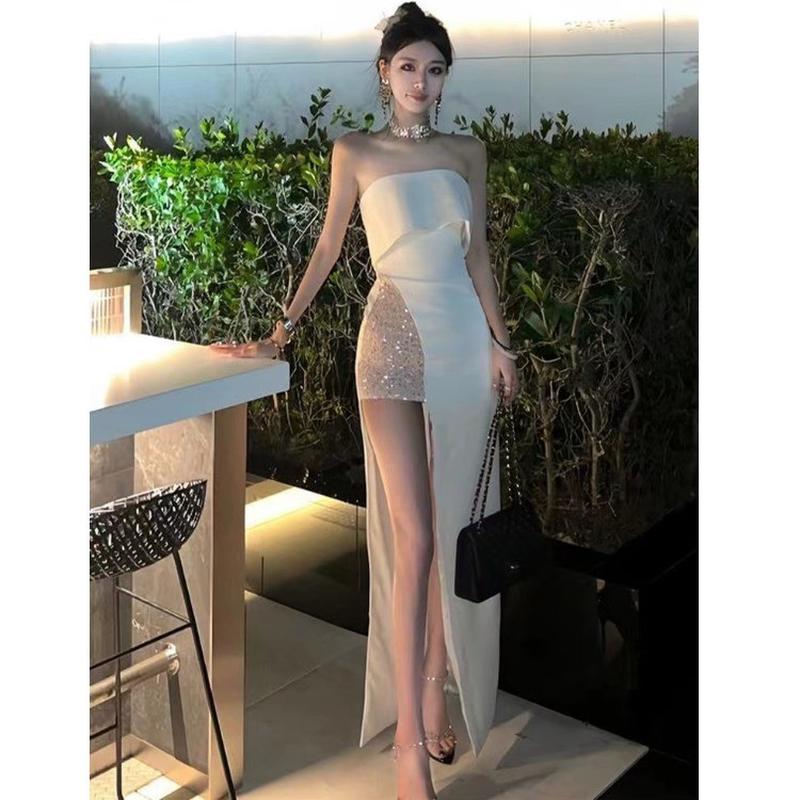 生日裙子高级感订婚礼服裙轻奢小众高端精致名媛一字肩抹胸连衣裙