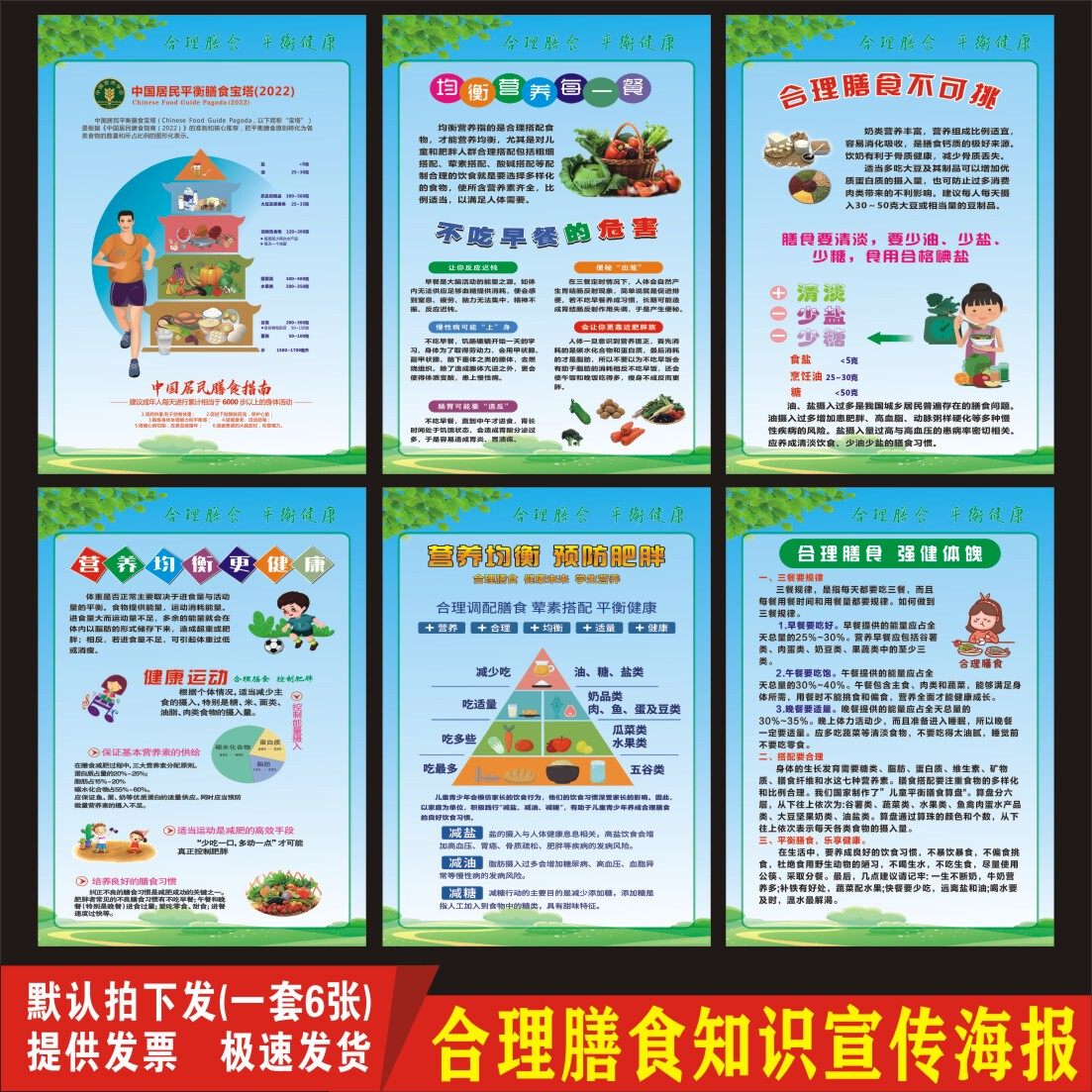 合理膳食海报健康科学饮食宣传膳食宝塔减盐控糖餐厅食堂文化墙贴