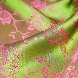 田园绿色粉色相间古典花朵提花真丝棉混纺面料旗袍汉服布料