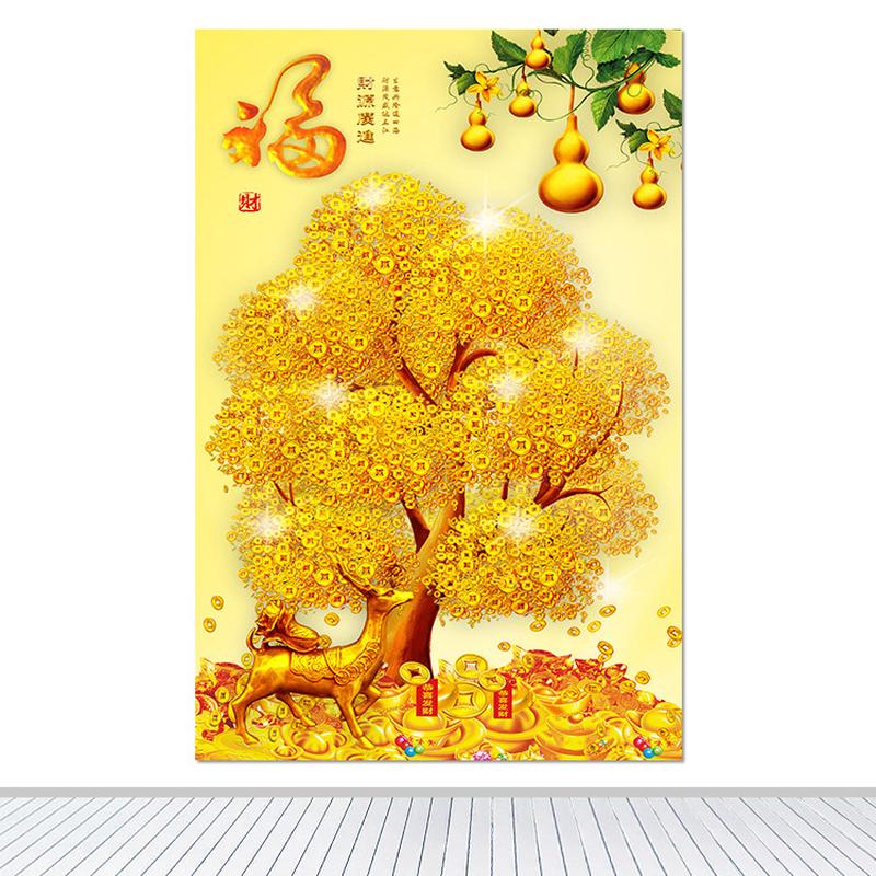 中式玄关装饰画发财树金钱树走廊过道竖版壁画摇钱树墙贴福装饰画图片