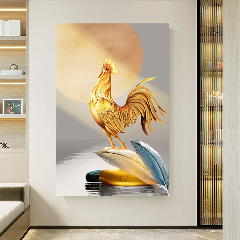 金鸡报晓新中式玄关过道装饰画大公鸡招财风水大门贴画雄鸡图挂画图片