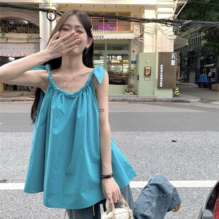 女夏设计感宽松显瘦气质无袖 速发高品质海边度假一字肩吊带衬衫 绑