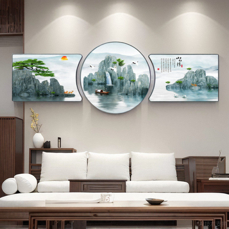 东墙客厅装饰画沙发背景墙挂画三联画组合壁画大气山水画聚财墙画