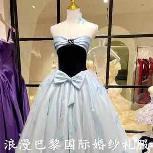 速发蓝色抹胸缎面晚礼服2025甜美蝴蝶结梦幻舞台艺考生日晚宴公主