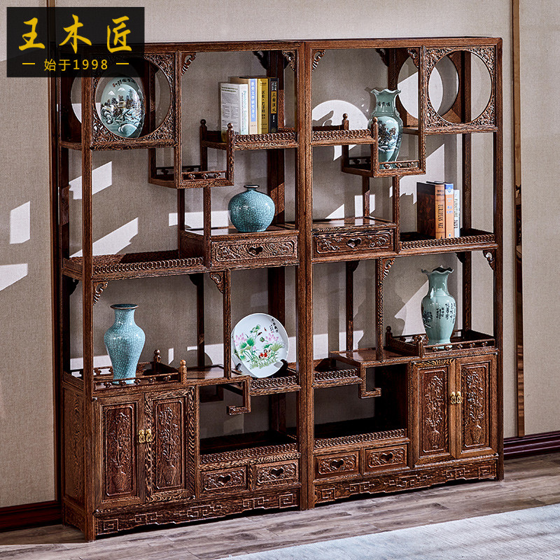 #鸡翅木金钱博古架实木红木展示架子古玩古董架中式多宝阁