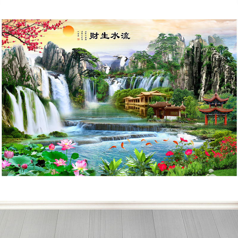 流水生财自粘贴纸画客厅办公室背景墙装饰画荷花九鱼图招财墙贴画图片