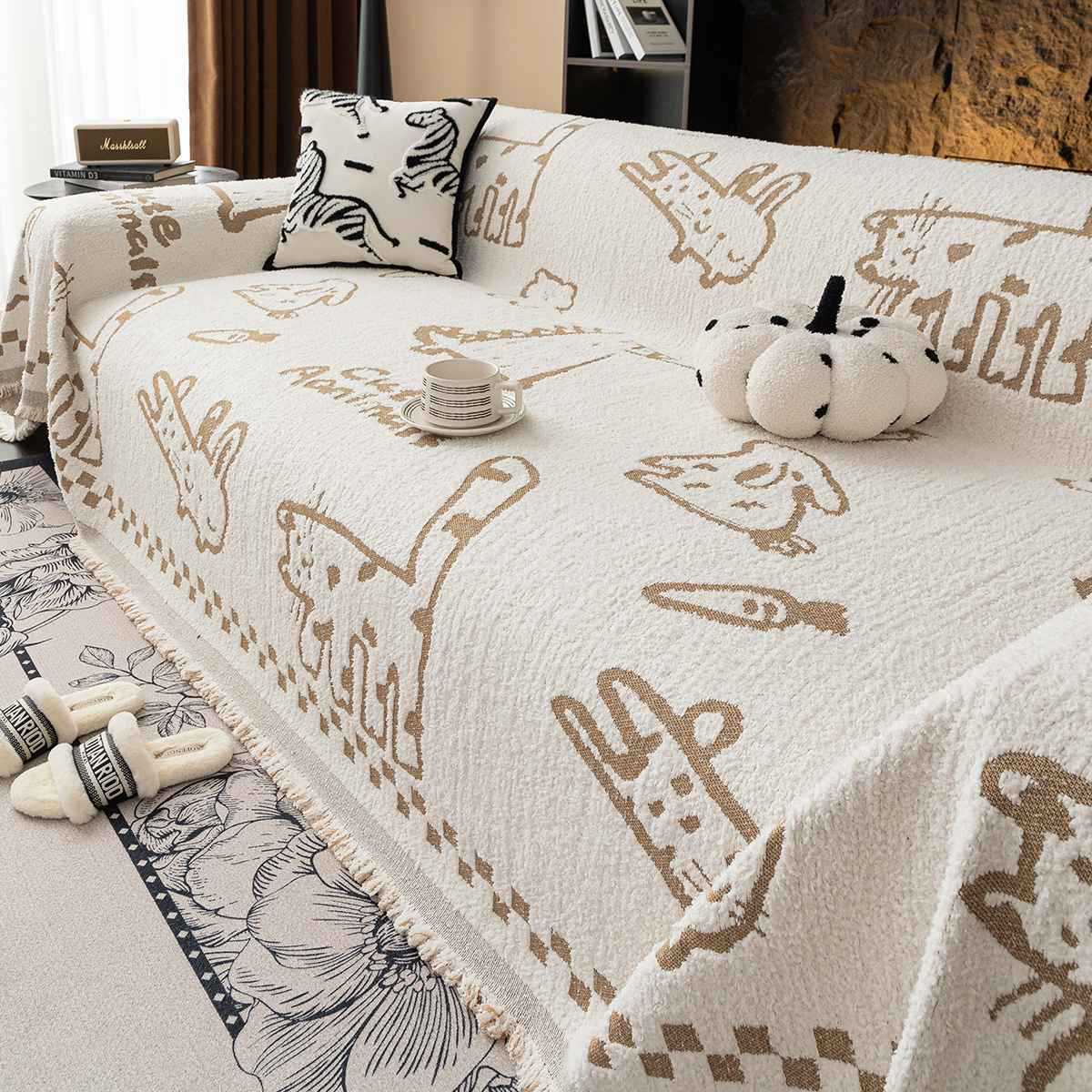 卡通风沙发巾半边绒防四季通用高级感全盖猫抓万能网红盖布套罩毯