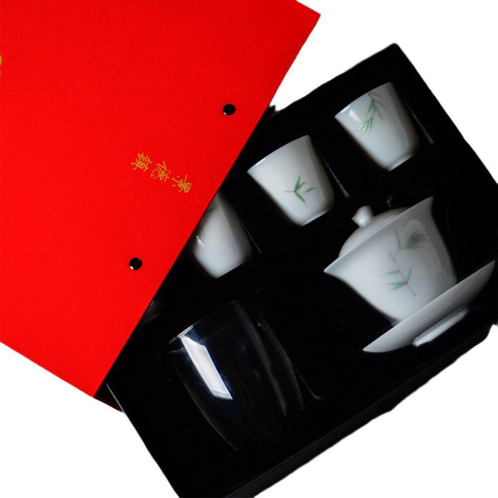 景德镇甜白玉瓷茶具套装功夫茶具套竹韵三才盖碗手绘组浅浮雕彩绘