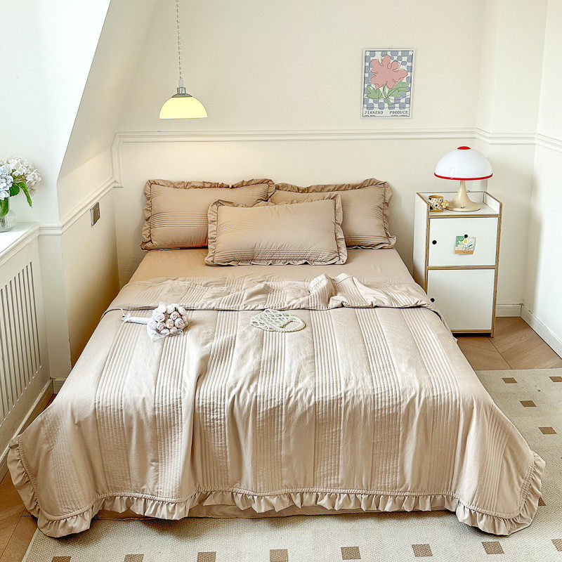 ins奶油色水洗纱夏凉被四件套少女花边夏被简约空调被纯色可机洗