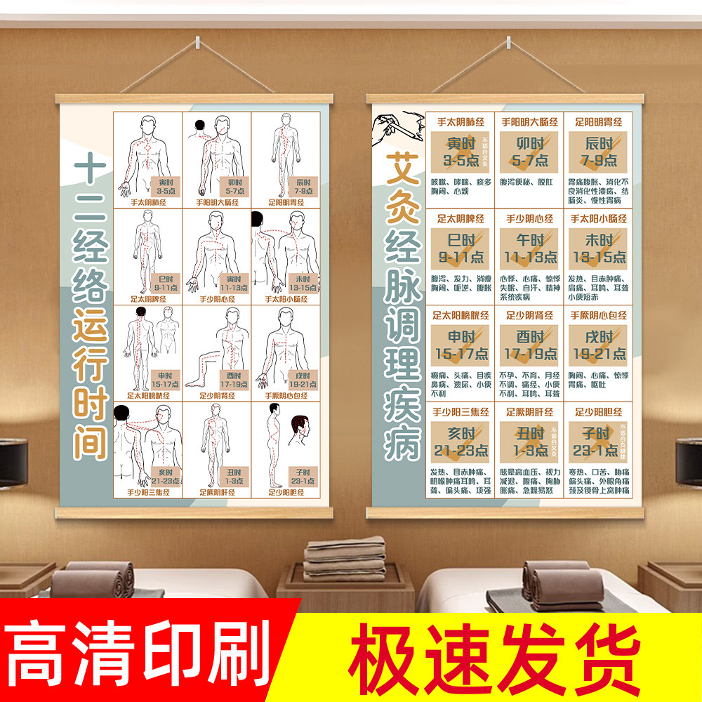 十二经络挂图中医养生海报病症对照图养生馆理疗画保健穴位走向图