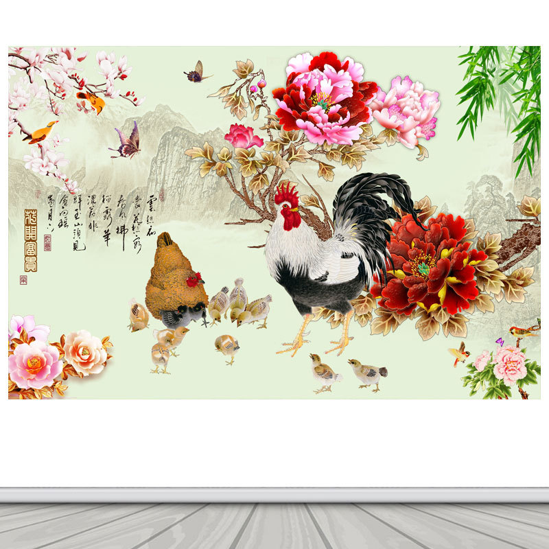 鸡鸣富贵图家和万事兴富贵牡丹平安吉祥装饰画客厅背景墙自粘贴画图片
