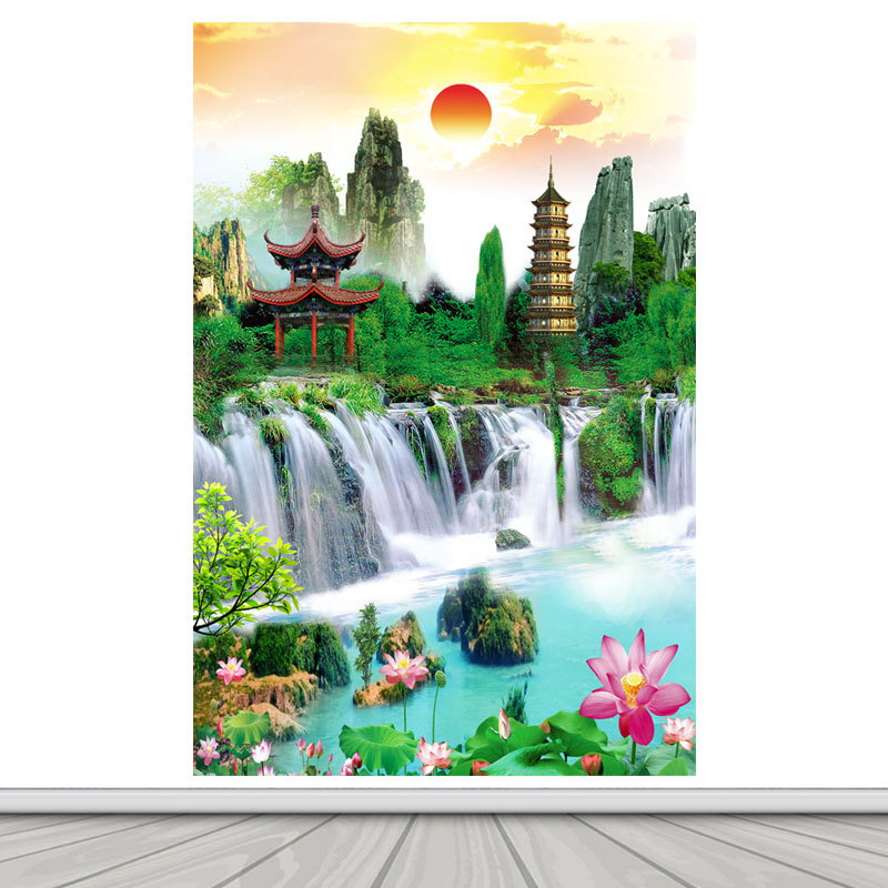 可定制宝地生金山水画客厅装饰壁画竖版荷花图流水生财宝塔风景自图片