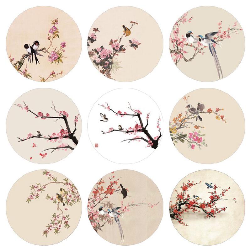 新中式圆形花鸟装饰画现代简约客厅沙发卧室壁画玄关背胶自粘贴画图片