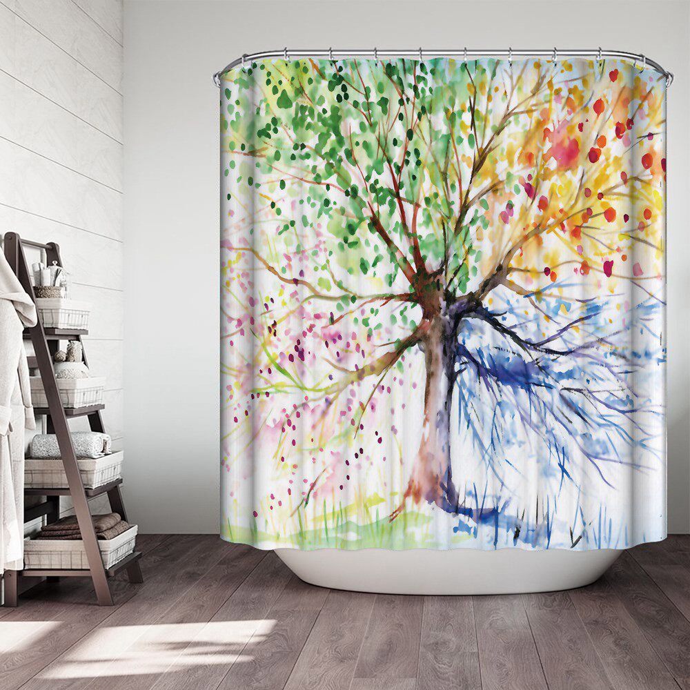 水彩树浴帘挂钩水彩油画风格树枝五颜六色盛开的自然四季数码印花