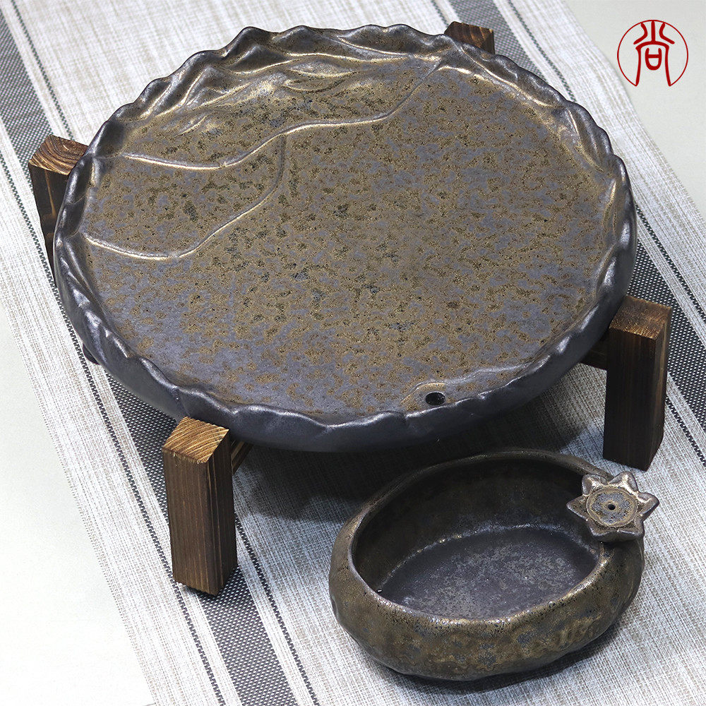陶瓷茶盘圆形大号粗陶托盘个性用排水干泡台储水式茶台日式