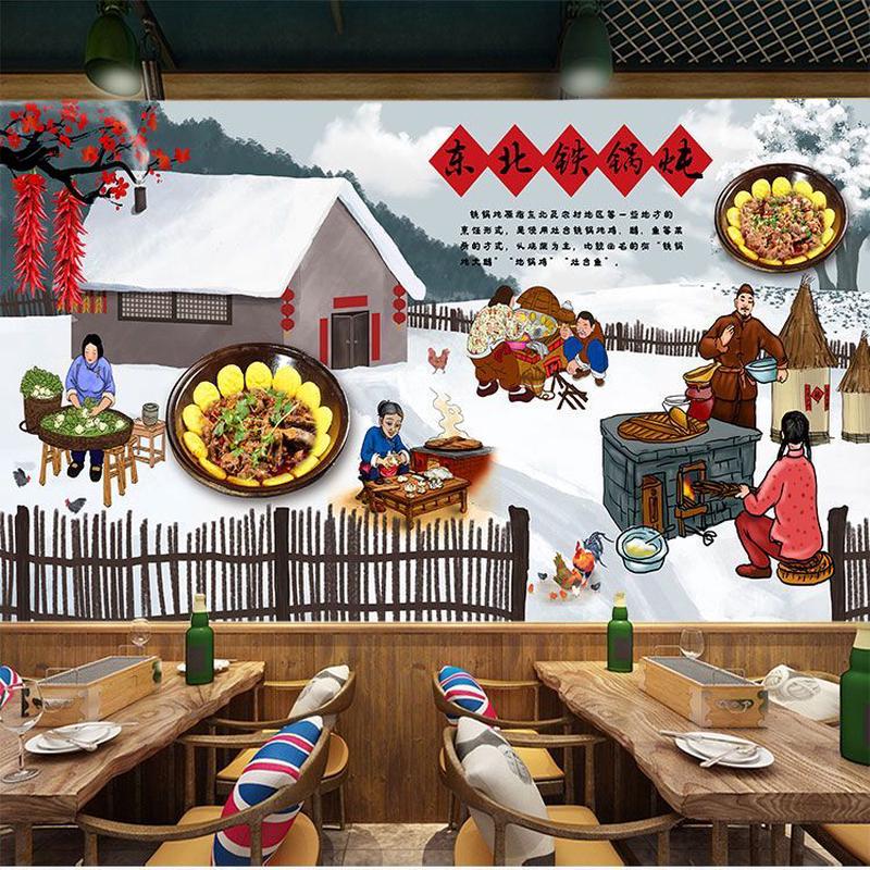 东北雪景农家乐背景墙壁画农家菜地锅鸡装饰画铁锅炖饭店墙面壁纸图片