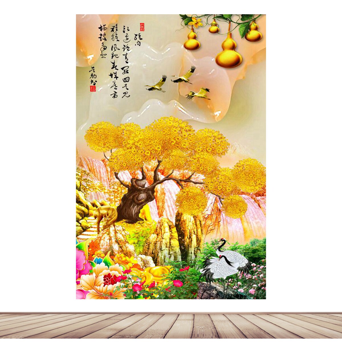发财树画中式招财麋鹿横版装饰画沙发背景墙高级感墙贴摇钱树画图片