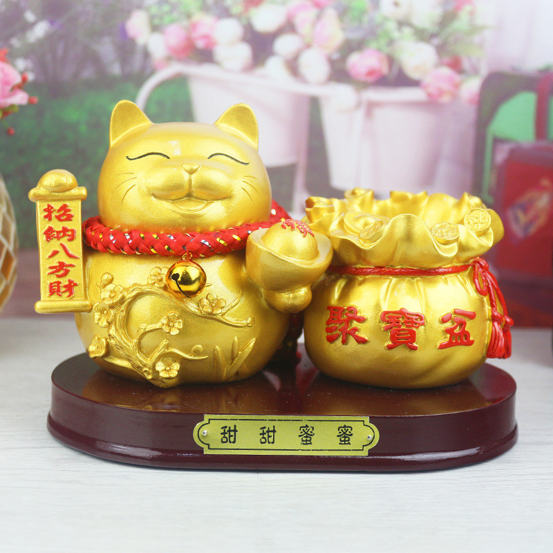 收纳金色招财猫笔筒 实用办公文具创意桌树脂摆件 送朋友开业礼品