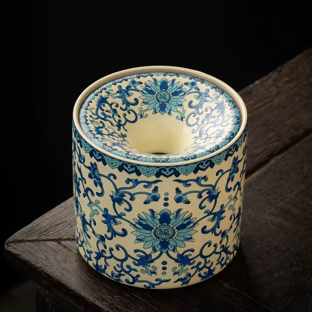 米黄汝窑青花缠枝莲烟灰缸带盖防飞灰建水水盂陶瓷茶渣缸茶道配件,家庭/个人清洁工具,垃圾桶,淘宝优惠券,粉丝福利购,淘宝优惠卷